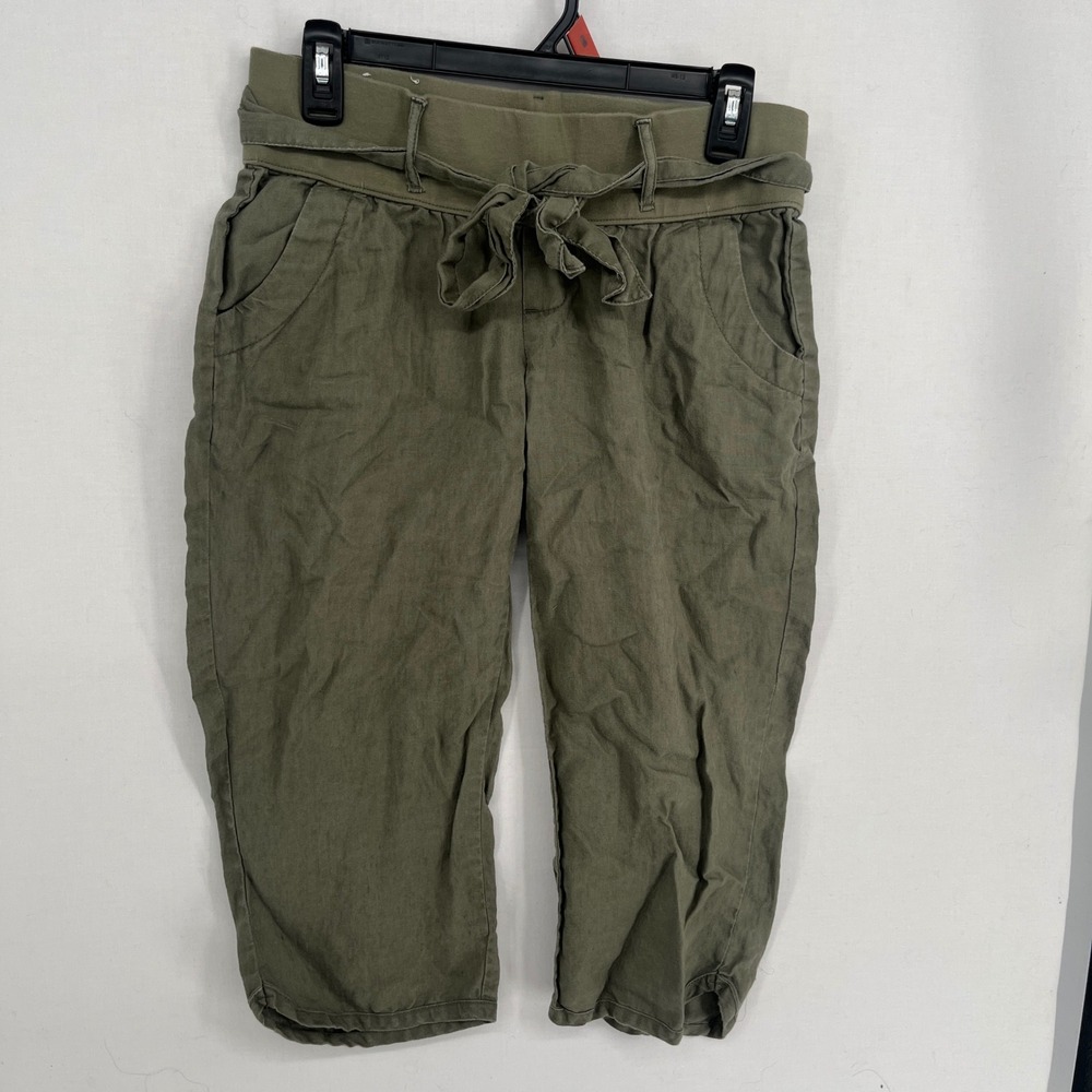 Old Navy Maternity Pants Small Olive Green 100% Linen Low Rise Cropped Tie Waist